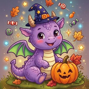 Adorable purple dragon with pumpkin — cute Halloween dragon coloring page, kids printable