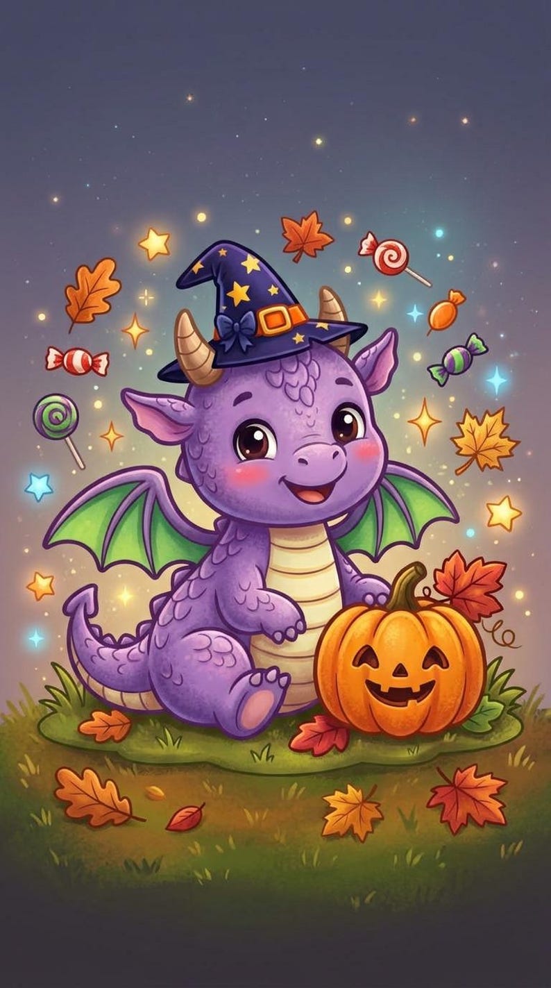 Adorable purple dragon with pumpkin — cute Halloween dragon coloring page, kids printable