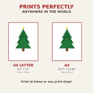 Puede incluir: Un gr&aacute;fico digital con el texto PRINTS PERFECTLY ANYWHERE IN THE WORLD. Muestra dos rect&aacute;ngulos blancos con bordes rojos, cada uno con un &aacute;rbol de Navidad verde con una estrella amarilla. Las etiquetas incluyen US LETTER y A4 21,0 x 29,7 cm.
