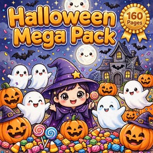 Halloween Mega Pack cover art: cute witch, smiling ghosts and pumpkins — 160 printable kids coloring pages