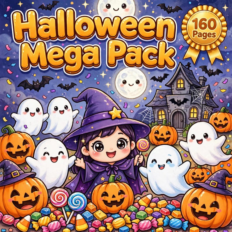 Halloween Mega Pack cover art: cute witch, smiling ghosts and pumpkins — 160 printable kids coloring pages