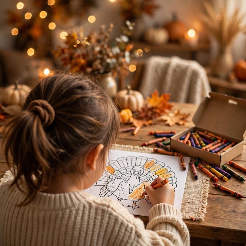 Puede incluir: Una persona con coleta casta&ntilde;a y su&eacute;ter beige colorea un dibujo de un pavo en papel blanco con un cray&oacute;n naranja. Una caja de cart&oacute;n llena de crayones de colores variados descansa sobre una mesa de madera junto a hojas de oto&ntilde;o.