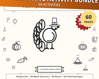 Paquete de actividades de Acción de Gracias, 355 páginas, diario de gratitud, para colorear, sopa de letras, laberintos (descarga digital)