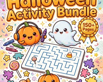 Puede incluir: Un paquete de actividades de Halloween con el texto 150+ Pages en una cinta dorada. La imagen muestra una calabaza sonriente con auriculares, un fantasma, un laberinto en una pizarra blanca, crayones, piezas de rompecabezas, dulces y estrellas.