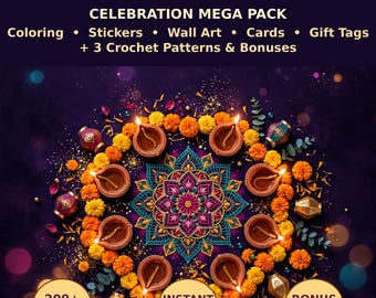Diwali Celebration Mega Pack, Coloring Pages, Stickers, Wall Art, Gift Tags (Digital Download)