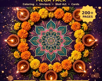 Mega pakiet na obchody Diwali, kolorowanki, naklejki, dekoracje ścienne, etykiety na prezenty (do pobrania w wersji cyfrowej)
