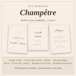 Puede incluir: Un kit de papelería de boda digital con once plantillas editables de Canva. El conjunto incluye un save the date, invitación y menú sobre un fondo crema con texto marrón oscuro y delicados detalles florales lineales en los diseños.