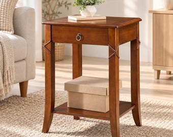 Traditional Tall Wood End Table with Drawer Lower Shelf and Tapered Legs
