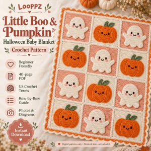 Padrão de crochê em PDF para manta de bebê com fantasmas e abóboras de Halloween | Manta patchwork para iniciantes | Guia com fotos | Download digital instantâneo