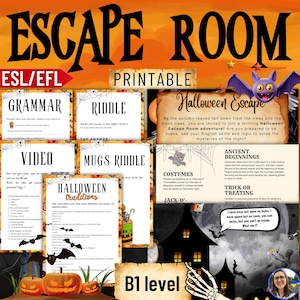 Puede incluir: Un conjunto de actividades imprimibles de escape room con temática de Halloween para estudiantes de ESL/EFL. Las páginas incluyen ejercicios de gramática, acertijos, preguntas sobre videos y hechos históricos sobre Halloween, decoradas con calabazas y murciélagos.