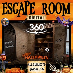 Puede incluir: Un juego de escape room digital de 360 grados con temática de Halloween para los grados 7-12. La imagen muestra una habitación oscura con una estantería de madera, velas y calabazas. Texto: ESCAPE ROOM, DIGITAL, WORKS ON ALL DEVICES, HALLOWEEN.