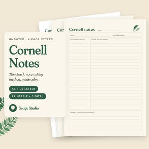 Op de afbeelding: Een set Cornell-notitiesjablonen in crème met donkergroene tekst. De voorpagina bevat de tekst "Cornell Notes", "Undated - 4 Page Styles", "The classic note-taking method, made calm", "A4 + US Letter", "Printable + Digital" en "Sedge Studio".
