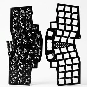 May include: Two black printed circuit boards for a split keyboard. The left board shows electronic components and the text "DEVILWING-41". The right board features a grid of square cutouts for keys and a central triangular pattern of holes.