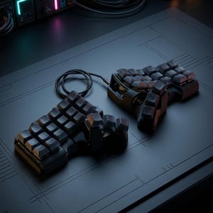 Puede incluir: Un teclado mecánico ergonómico dividido en color negro con dos mitades separadas conectadas por un cable. El teclado presenta teclas oscuras contorneadas y un marco esculpido, diseñado para un uso con ambas manos.