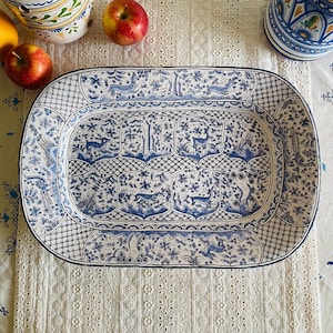 Vintage Berardos Hand Painted Portuguese Faience Platter with Blue and White Deer Motifs – Large Rectangular Ceramic Display Tray