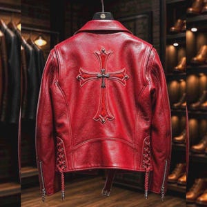 Può includere: Una giacca in pelle rosso vivace caratterizzata da un grande emblema a croce dettagliato centrato sul retro. La giacca include finiture color argento, dettagli di allacciatura laterale con cordini in pelle rossa abbinati e un colletto strutturato.