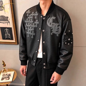 Black Leather Varsity Jacket - Gothic Cross Patches, Oversized Streetwear Bomber - Gift for him