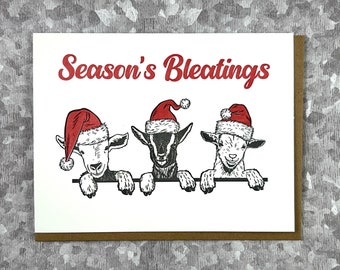 Seasons Bleatings | Cute Funny Goats | Christmas Card | Holiday Greeting | Letterpress Printed