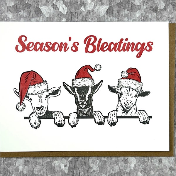 Seasons Bleatings | Cute Funny Goats | Christmas Card | Holiday Greeting | Letterpress Printed