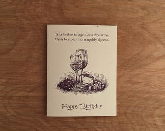 Fine Wine Birthday Card. Funny Letterpress Greeting Card.