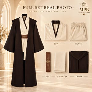 May include: A complete costume set featuring a dark brown hooded cloak, a cream-coloured top with dark brown trim, cream trousers, a brown belt with a circular buckle, and a cream-coloured undergarment. Text reads FULL SET REAL PHOTO.