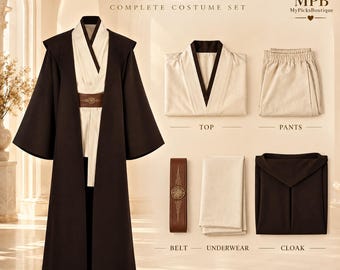 Conjunto de disfraz con capucha / Disfraz de Halloween para hombres y mujeres. Conjunto de disfraz Jedi para adultos, túnica marrón con capucha, túnica y pantalones beige, atuendo de cosplay.