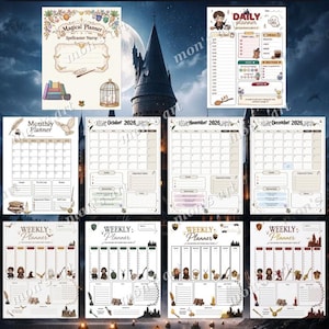 Op de afbeelding: Een verzameling printbare plannerpagina's met een magisch thema, geïllustreerd met uilen, toverstokken, boeken en kastelen. De set bevat een dagplanner, maandkalenders voor oktober, november en december 2026, en weekplanners.