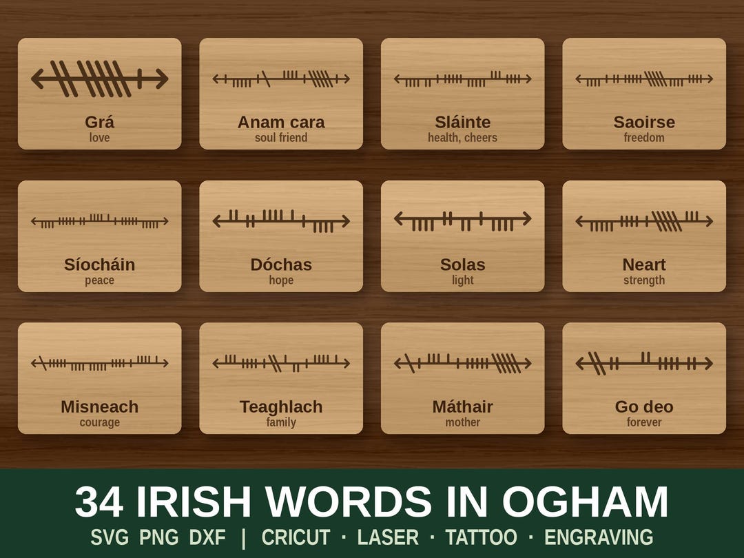 Sentances Stencil Irish Words in Ogham SVG Set, 34 Gaelic Words and Phrases, Grá Anam ...