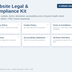 Zestaw stron prawnych witryny internetowej, szablon polityki prywatności GDPR CCPA, polityka plików cookie, warunki korzystania, oświadczenie o dostępności, małe firmy