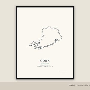 Karta över grevskapet Cork, minimalistisk väggkonst över Irland, irländsk grevskapskontur med irländskt namn, digital nedladdning PDF JPG SVG