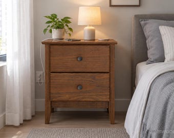 Solid Wood Nightstand, 2 Drawer Bedside Table, Brushed Walnut Finish, Modern Bedroom End Table, Metal Glides, Low VOC, Mid Century