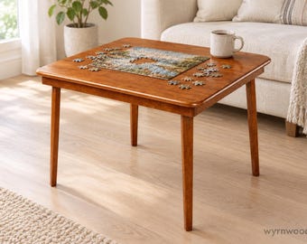 Folding Card Table, Solid Wood Game Table, 32 Inch Square Poker Table, Fruitwood Finish, Space Saving Puzzle Area