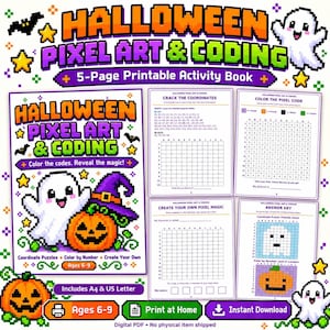 Può includere: Un libro di attività stampabile di 5 pagine su pixel art e coding di Halloween per bambini dai 6 ai 9 anni. La copertina mostra un fantasma pixelato e una zucca con un cappello da strega viola. Include puzzle, colora per numero e pagine.