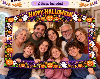 May include: A rectangular Halloween photo frame featuring a purple border decorated with orange pumpkins, white ghosts, skeletons, bats, and autumn leaves. The top center displays the text "HAPPY HALLOWEEN" in bold yellow letters.