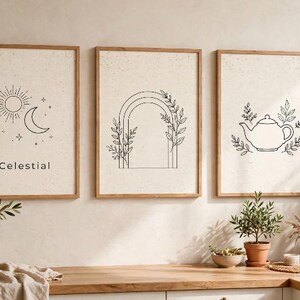 Zestaw 3 boho ściennych dekoracji kuchennych | Niebiański nadruk słońca i księżyca | Botaniczna grafika liniowa łuku | Nadruk z ziołowym dzbankiem do herbaty | Minimalistyczny, neutralny wystrój