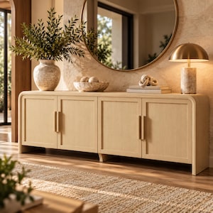 May include: A light wood sideboard featuring four cabinet doors with vertical rectangular handles. The piece has rounded edges and a smooth finish. It is positioned below a large round mirror, a stone vase with greenery, and a table lamp.