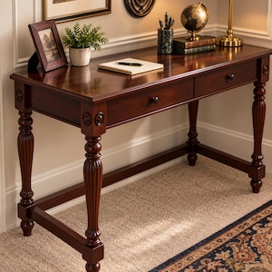 May include: A dark brown wooden writing desk featuring two drawers with black knobs, fluted legs, and decorative circular carvings on the corners. The desk surface holds a small potted plant, a framed photo, a notebook, and a pen.