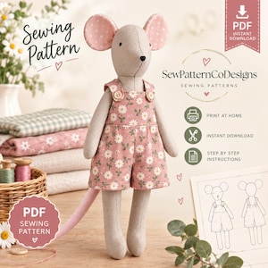 May include: A beige fabric mouse doll wearing pink overalls with a white daisy print. The mouse has pink polka-dot inner ears and a long pink tail. Text on the image includes Sewing Pattern, SewPatternCoDesigns, and PDF Instant Download.