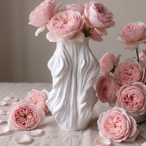 Può includere: Un vaso in ceramica bianca con una superficie strutturata e ondulata che imita il tessuto drappeggiato. Il vaso è riempito con diverse rose da giardino rosa tenue, con ulteriori fiori e petali di rosa sparsi attorno alla base.