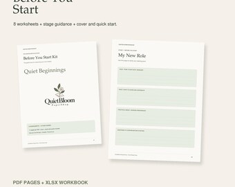 May include: A digital workbook set titled Before You Start from Quiet Beginnings, featuring 8 worksheets, stage guidance, a cover, and a quick start guide. The pages include text fields for My New Role, with light green accents on a white background.