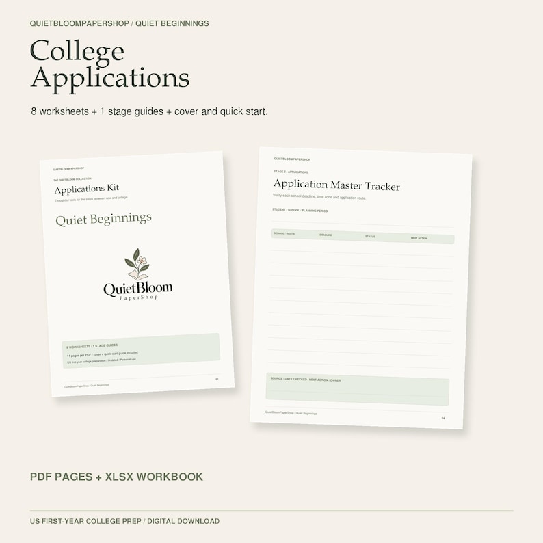 May include: A digital college application kit featuring 8 worksheets, 1 stage guide, a cover, and a quick start. The pages include an Applications Kit cover with the QuietBloom PaperShop logo and an Application Master Tracker with lined sections.