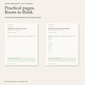 May include: Two white worksheets titled Application Master Tracker and School Requirements Checklist with black text and light green accents. The pages include headers, blank lines for notes, and sections for tracking school application details.