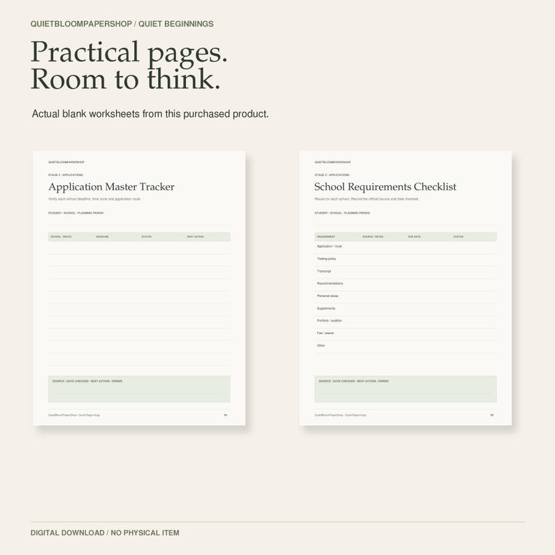 May include: Two white worksheets titled Application Master Tracker and School Requirements Checklist with black text and light green accents. The pages include headers, blank lines for notes, and sections for tracking school application details.
