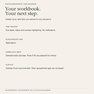 May include: A digital workbook document titled Your workbook. Your next step. by QUIETBLOOMPAPERSHOP. It features sections for task tracking with due dates, stage-specific tabs for applications, formula limits for rows 6-35, and XLSX file requirements.