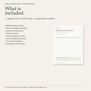 May include: A digital document set titled What is included featuring 11 pages per PDF, five formats, and a workbook. It lists trackers for applications, school requirements, activities, essays, recommendations, fees, and portal checks with a sample page.