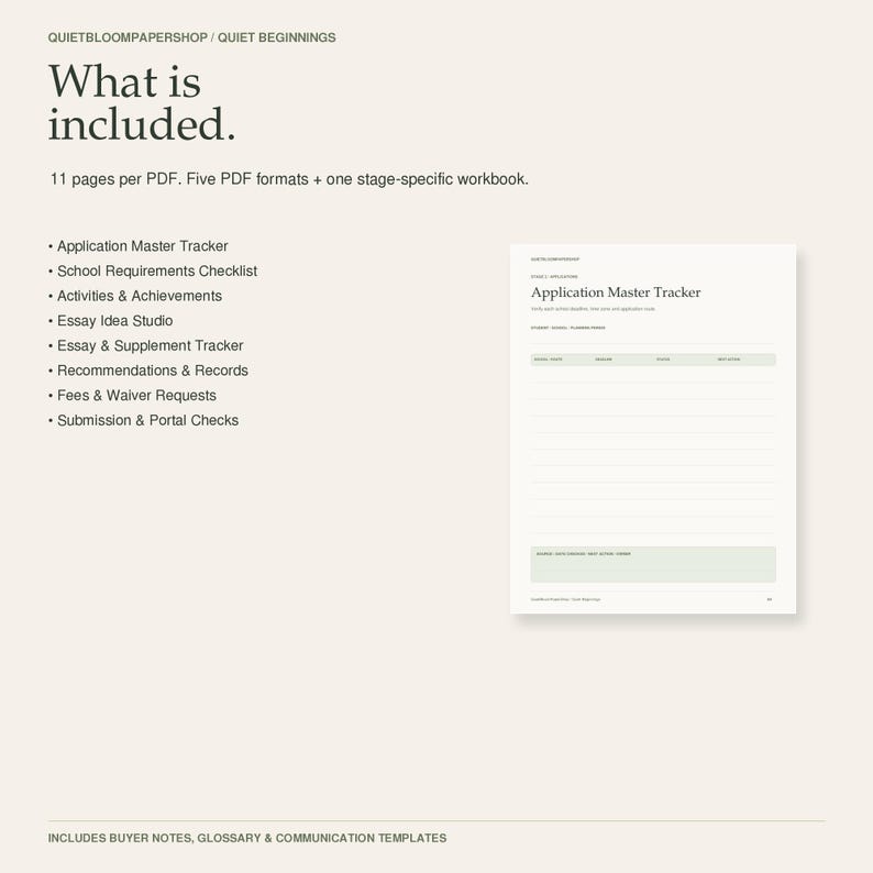 May include: A digital document set titled What is included featuring 11 pages per PDF, five formats, and a workbook. It lists trackers for applications, school requirements, activities, essays, recommendations, fees, and portal checks with a sample page.