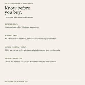 May include: A digital information sheet titled Know before you buy by QUIETBLOOMPAPERSHOP. It outlines details for US first-year applicants, noting 11-page PDFs, manual and formula formats, and an evergreen structure for tracking requirements.