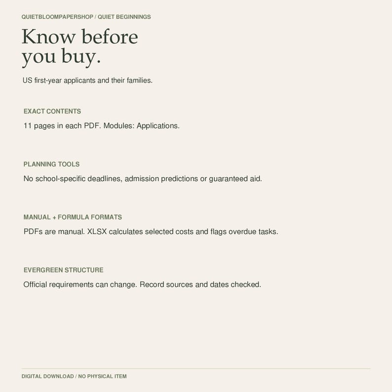 May include: A digital information sheet titled Know before you buy by QUIETBLOOMPAPERSHOP. It outlines details for US first-year applicants, noting 11-page PDFs, manual and formula formats, and an evergreen structure for tracking requirements.