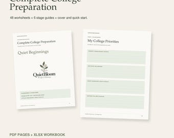 May include: A digital college preparation workbook set featuring 48 worksheets and 6 stage guides. The pages include a cover titled Complete College Preparation by QuietBloomPaperShop and a worksheet titled My College Priorities with light green sections.