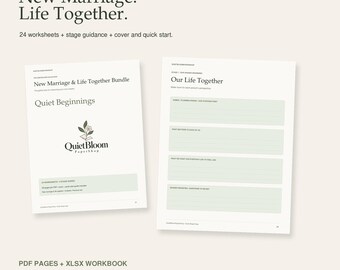 May include: A digital bundle titled New Marriage. Life Together. featuring 24 worksheets and stage guidance. The documents include a cover page with the QuietBloom PaperShop logo and a worksheet page titled Our Life Together with green text boxes.